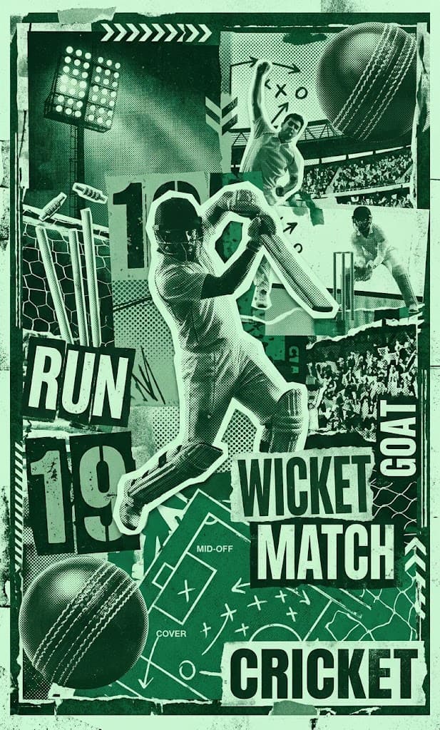Cricket poster collage: a batter mid-shot, stumps, a cricket ball and a fielding diagram